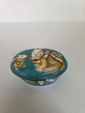 Vintage Stainless Steel Hand-Painted Jewelry Box with Bunny Motif Copper Trim.
